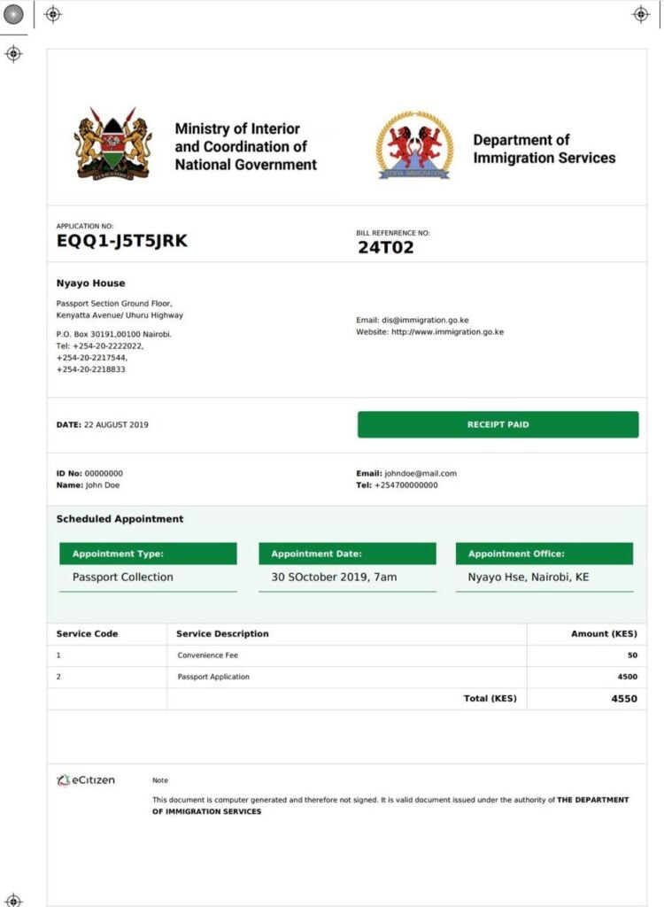 Kenya Pssport payment Receipt